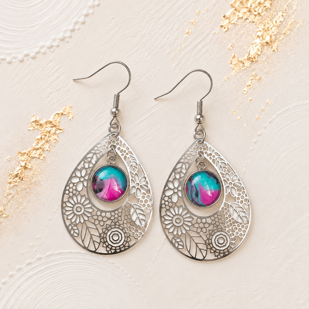 Pink & Turquoise Floral Teardrop Drop Earrings