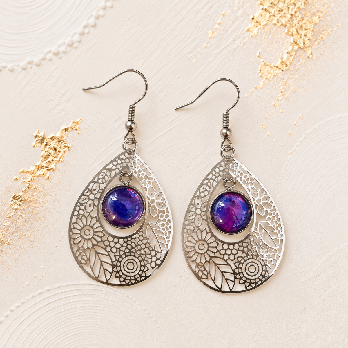 Purple Floral Teardrop Drop Earrings