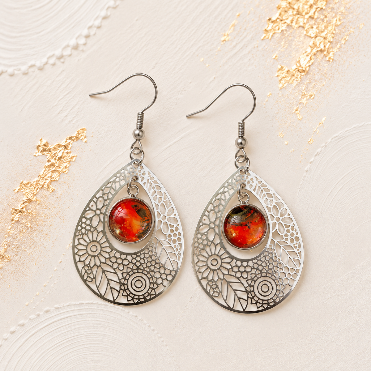 Red Floral Teardrop Drop Earrings
