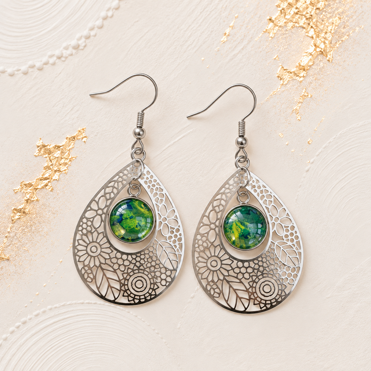 Green Floral Teardrop Drop Earrings