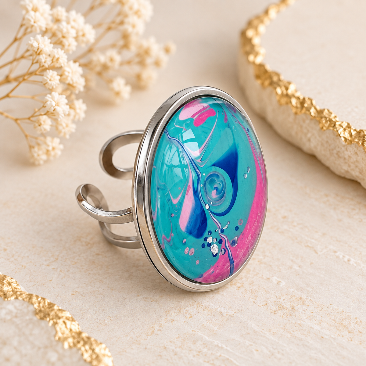 Turquoise & Pink Oval Everyday Ring