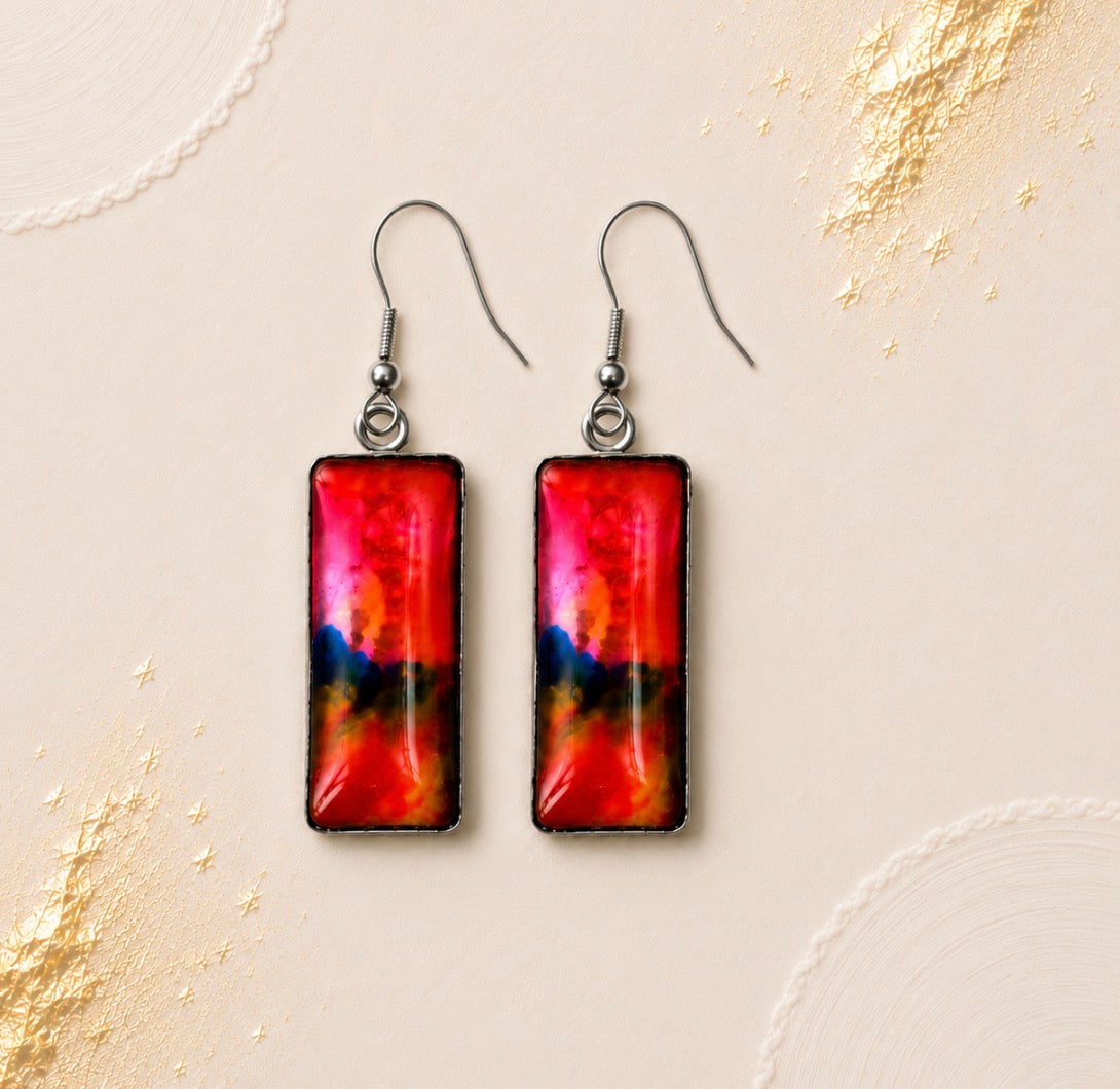 Crimson Sunset Rectangle Drop Earrings